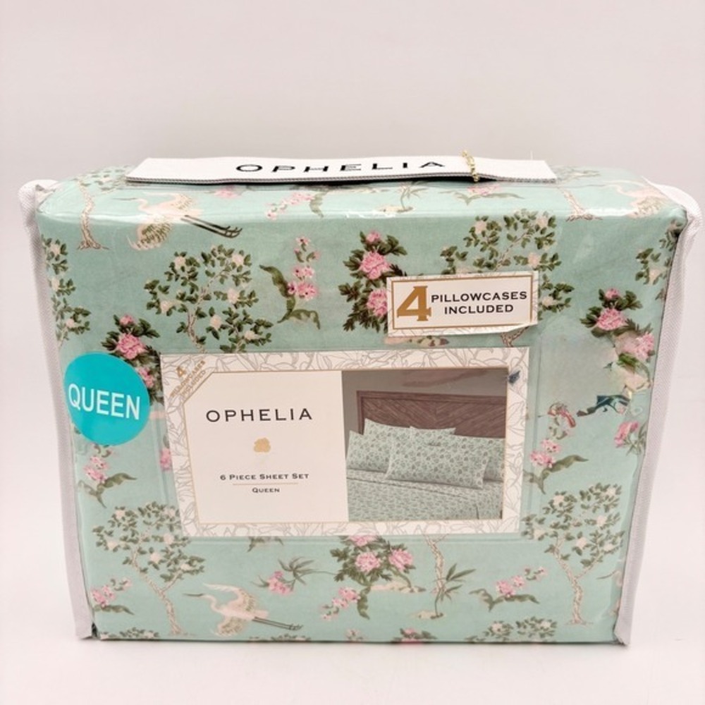 Ophelia Queen 6 Piece Sheet Set Mint Green Crane Floral Chinoiserie Spring Boho‎
